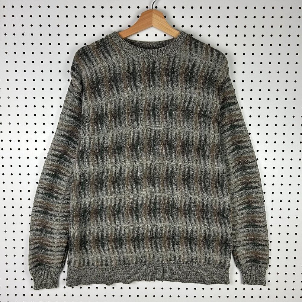 Haggar Brown Tan Knit Sweater Medium Chunky Coogi Style Grandpa 90s Golf Crew